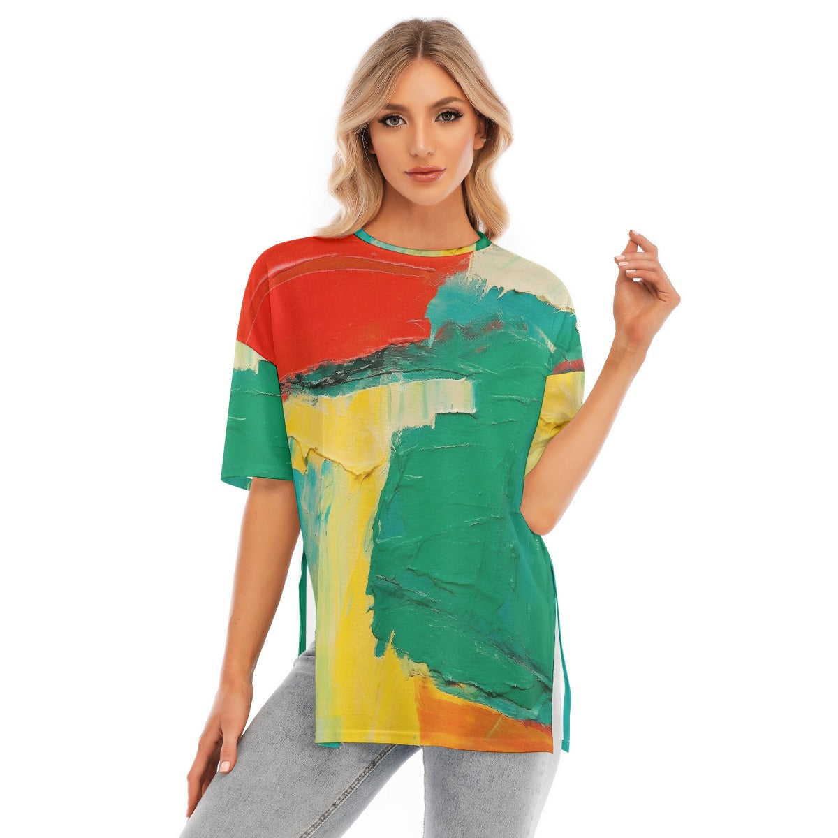 All-Over Print Women's Short Sleeves T-shirt With Hem Split
