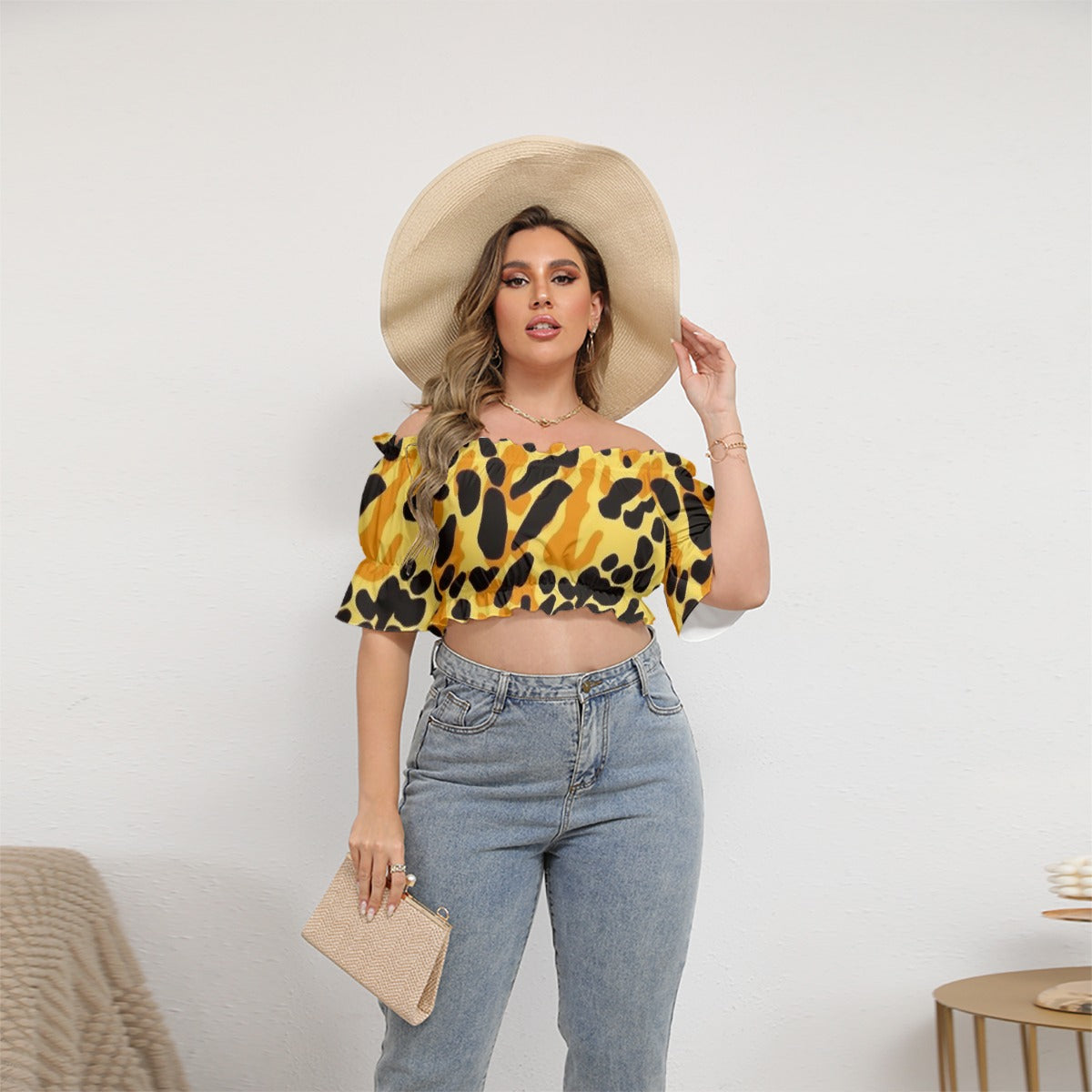 All-Over Print Women's Off-shoulder Cropped Top With Short Puff Sleeve