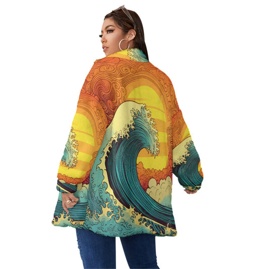 All-Over Print Unisex Borg Fleece Stand-up Collar Coat With Zipper Closure(Plus Size)