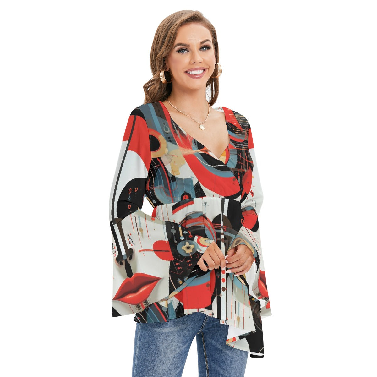 All-Over Print Women's V-neck Blouse With Flared Sleeves