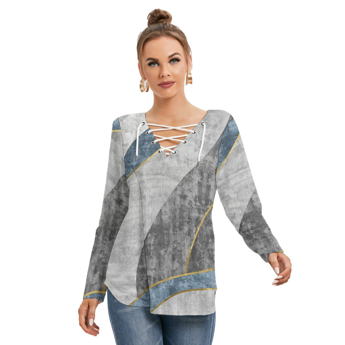 All-Over Print Women's Long Sleeve Neckline Tie Sweatshirt