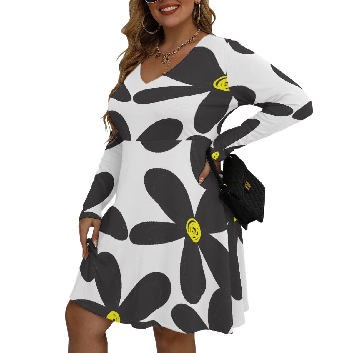 All-Over Print Women's V-neck Long Sleeve Dress(Plus Size)