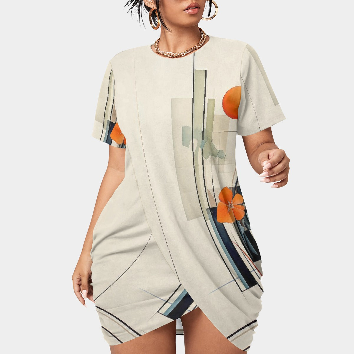 All-Over Print Women’s Stacked Hem Dress With Short Sleeve（Plus Size）