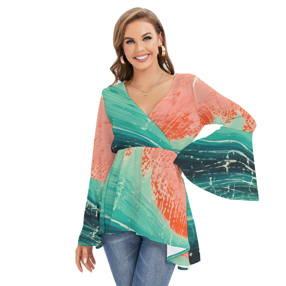 All-Over Print Women's V-neck Blouse With Flared Sleeves