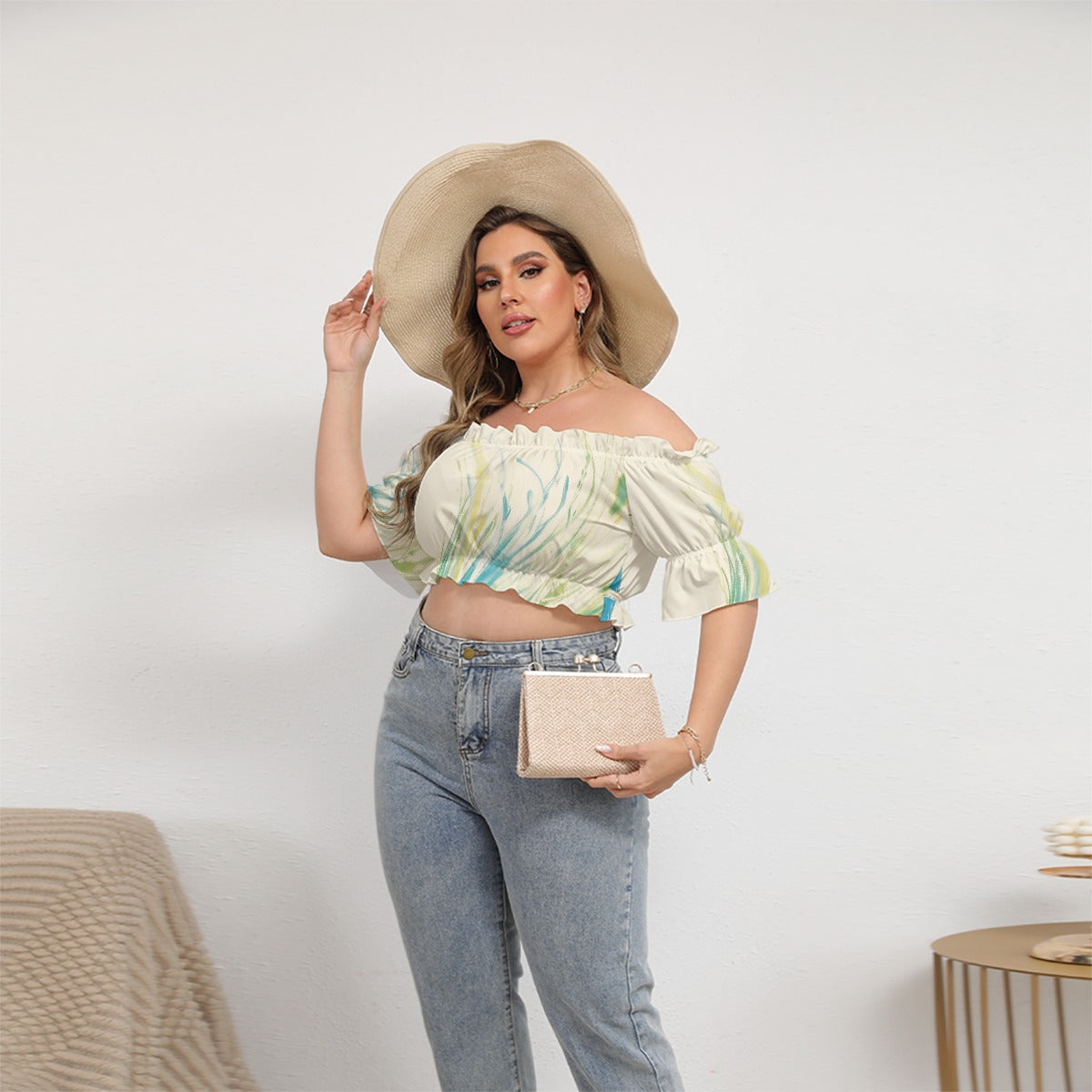 All-Over Print Women's Off-shoulder Cropped Top With Short Puff Sleeve