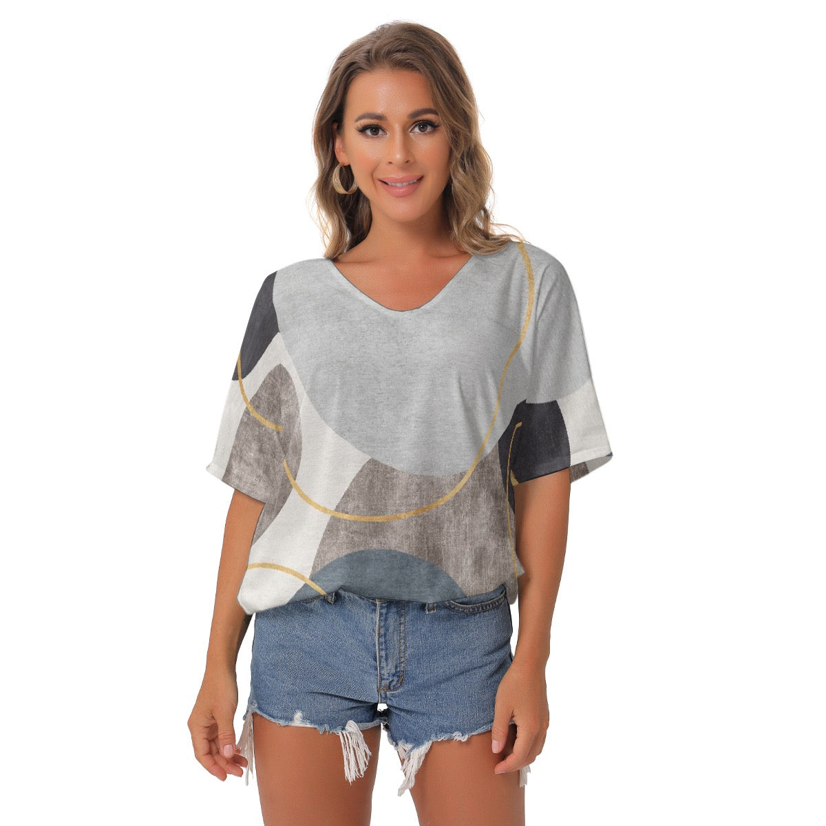 All-Over Print Women's Bat Sleeves V-Neck Blouse