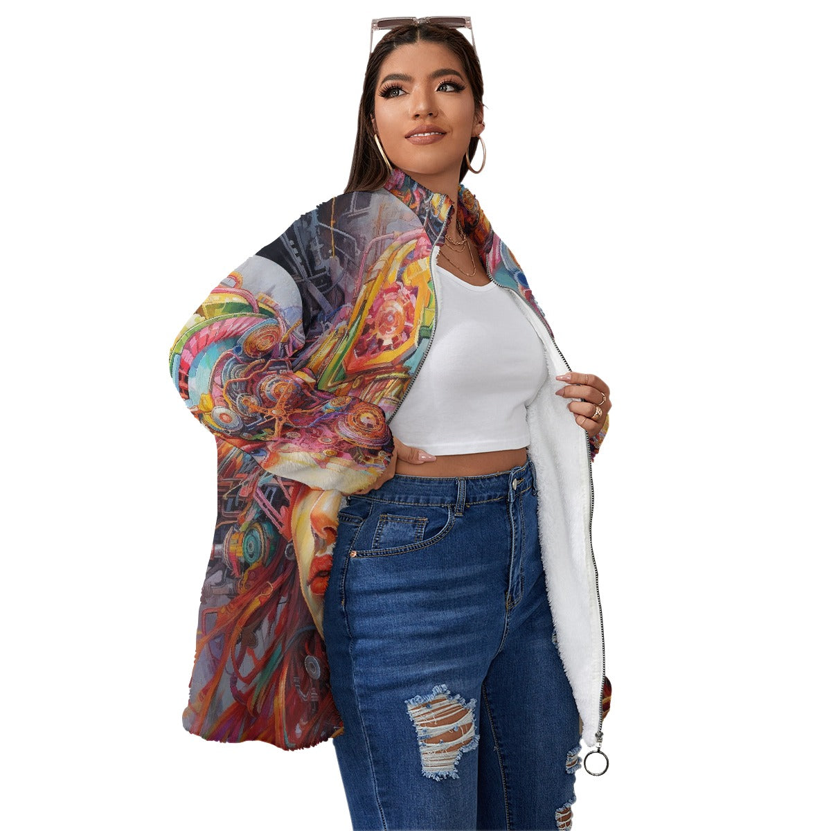 All-Over Print Unisex Borg Fleece Stand-up Collar Coat With Zipper Closure(Plus Size)