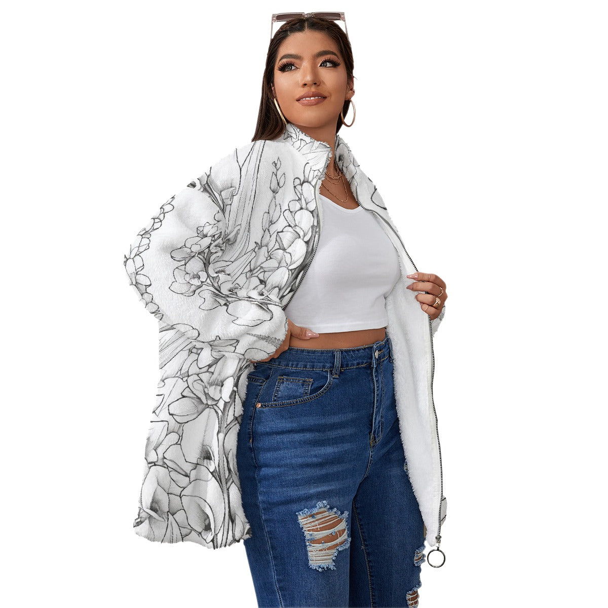 All-Over Print Unisex Borg Fleece Stand-up Collar Coat With Zipper Closure(Plus Size)