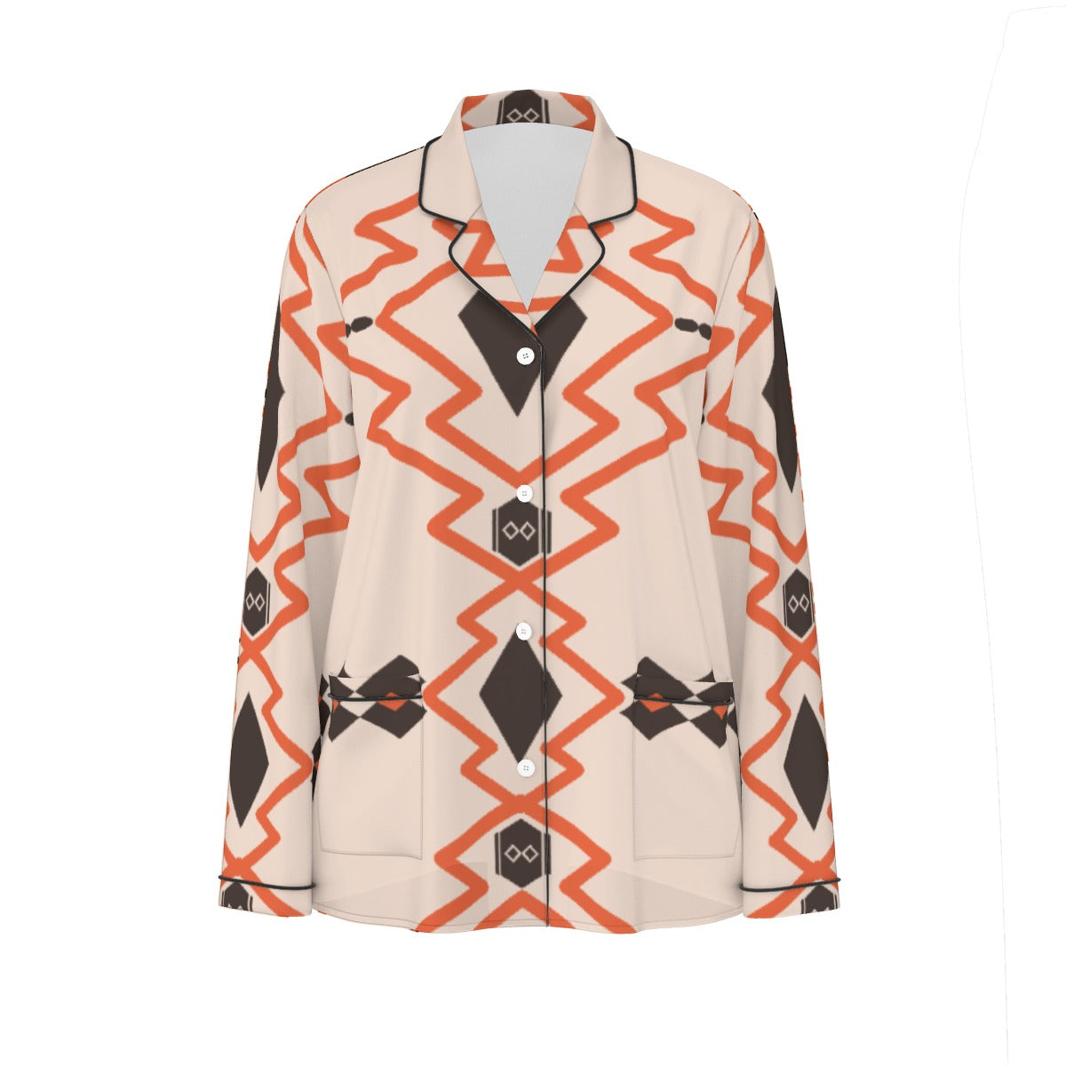 All-Over Print Women's Long Sleeve Pajama Set With Black Contrast Piping