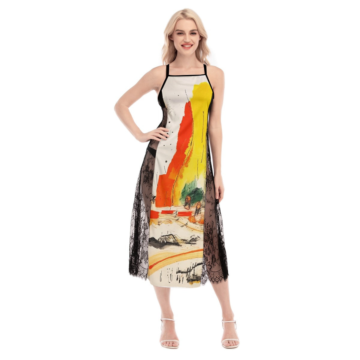 All-Over Print Women's Lace Cami Cross Back Dress