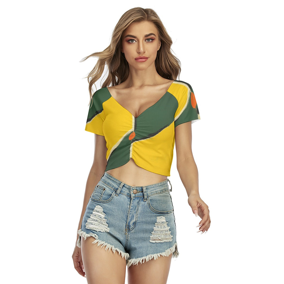 All-Over Print Women's Raglan Drawstring Front  Crop Tee