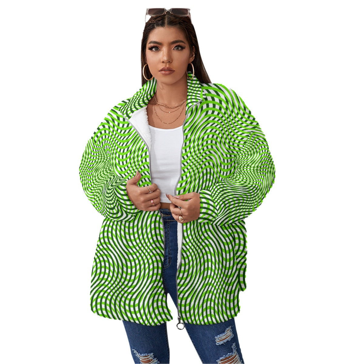 All-Over Print Unisex Borg Fleece Stand-up Collar Coat With Zipper Closure(Plus Size)