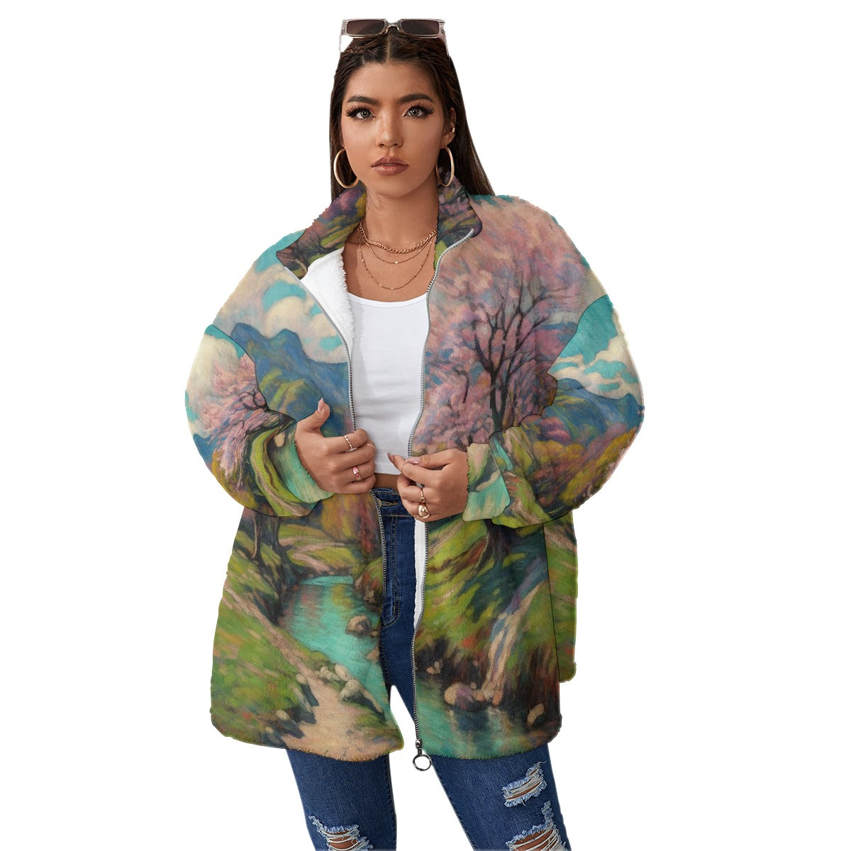 All-Over Print Unisex Borg Fleece Stand-up Collar Coat With Zipper Closure(Plus Size)