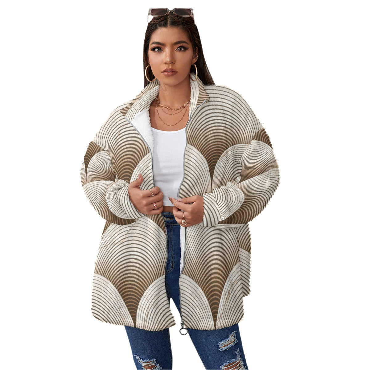 All-Over Print Unisex Borg Fleece Stand-up Collar Coat With Zipper Closure(Plus Size)