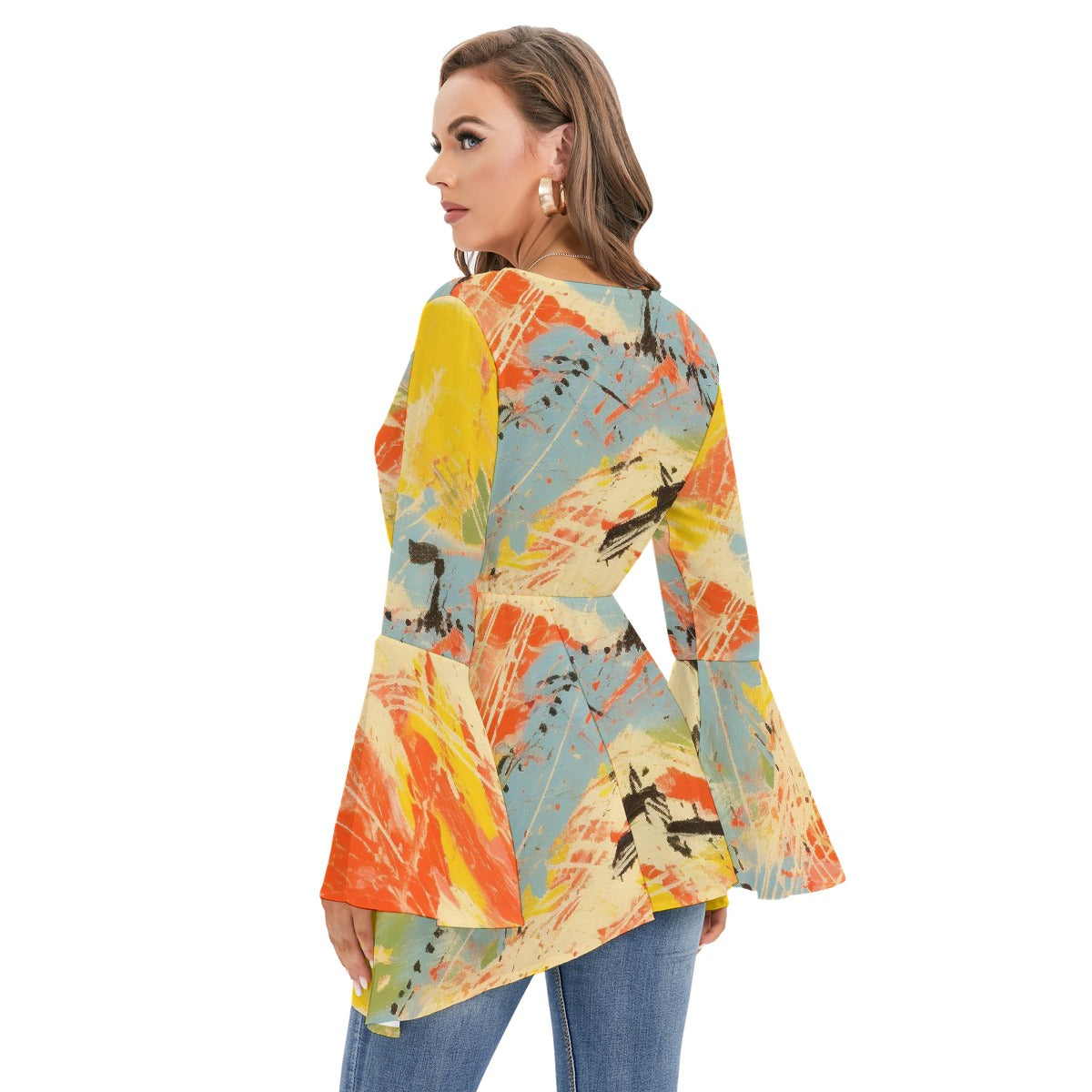 All-Over Print Women's V-neck Blouse With Flared Sleeves