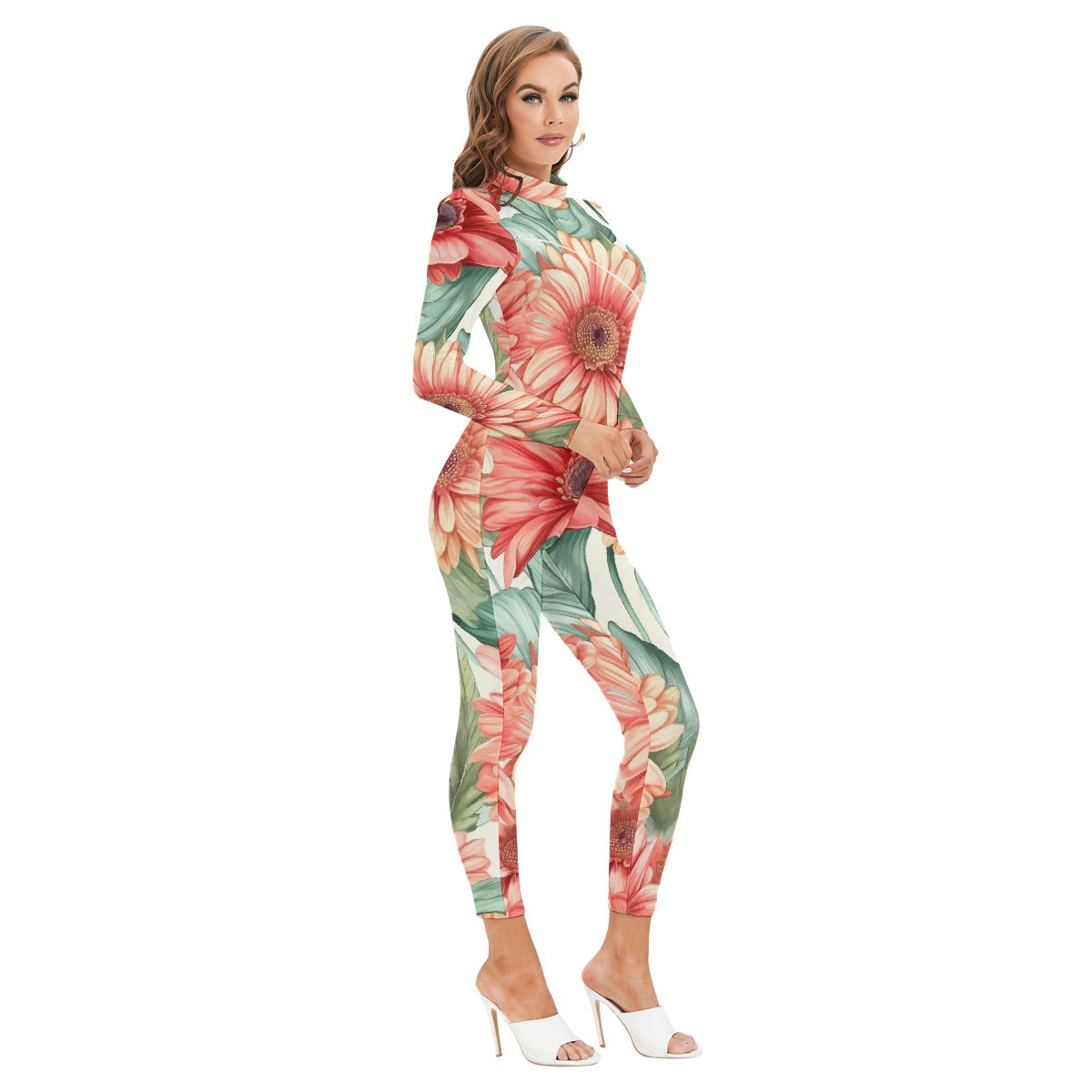 All-Over Print Women's Long-sleeved High-neck Jumpsuit With Zipper