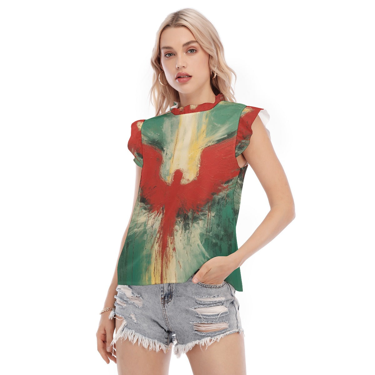 All-Over Print Women's Blouse With Ruffle Collar And Sleeve