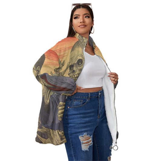 All-Over Print Unisex Borg Fleece Stand-up Collar Coat With Zipper Closure(Plus Size)