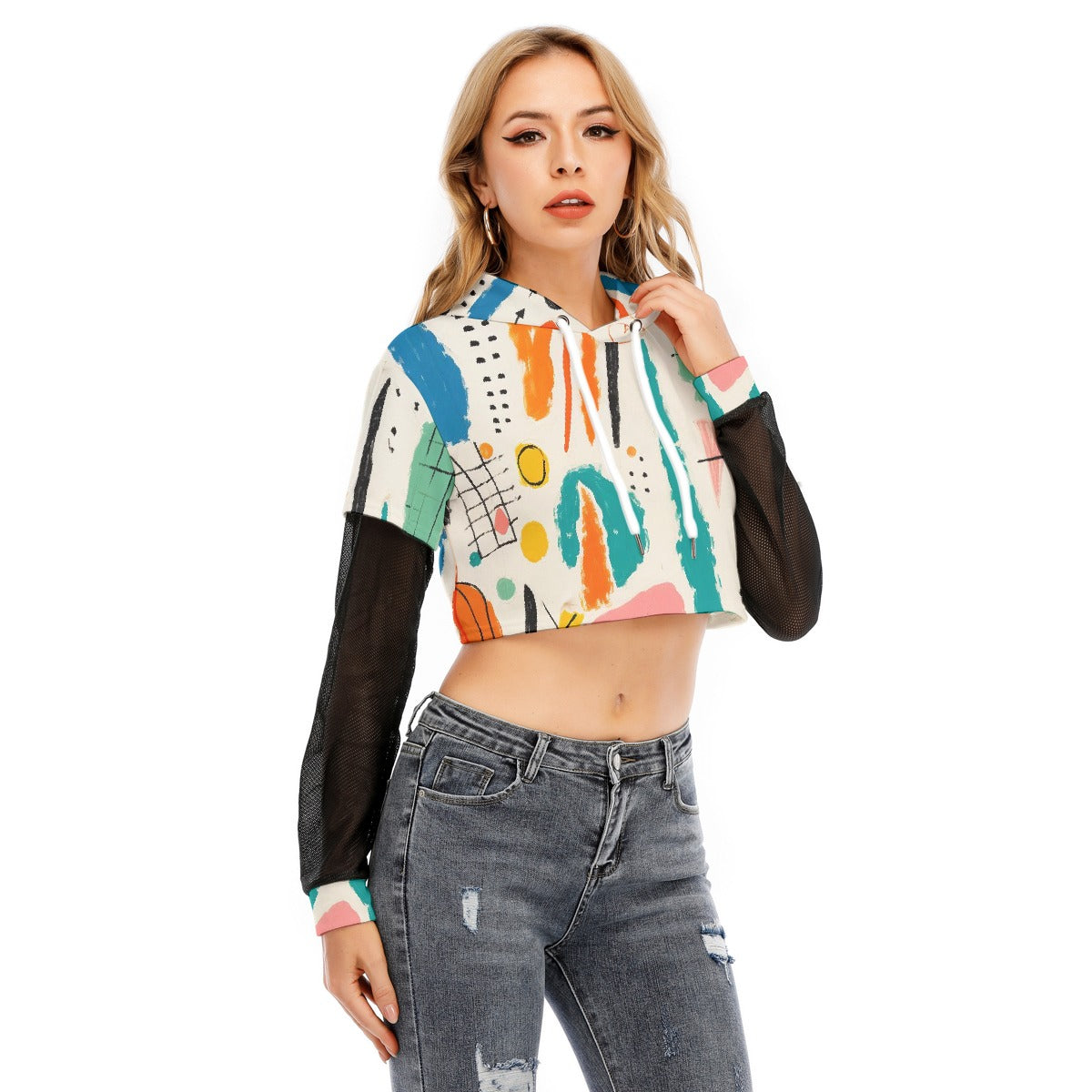 All-Over Print Women's Fake Two-piece Mesh Sleeve Cropped Hoodie