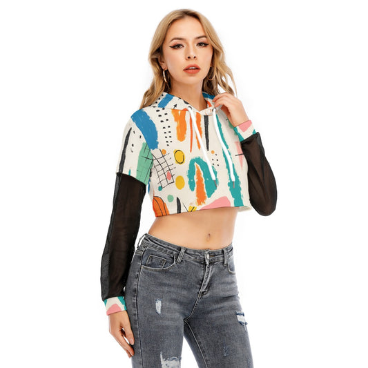 All-Over Print Women's Fake Two-piece Mesh Sleeve Cropped Hoodie