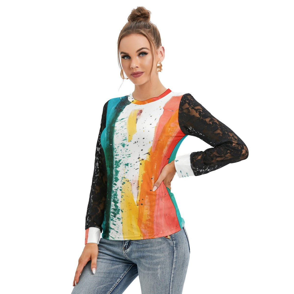 All-Over Print Women's T-shirt And Sleeve With Black Lace