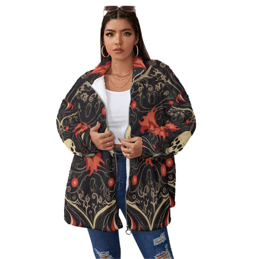 All-Over Print Unisex Borg Fleece Stand-up Collar Coat With Zipper Closure(Plus Size)
