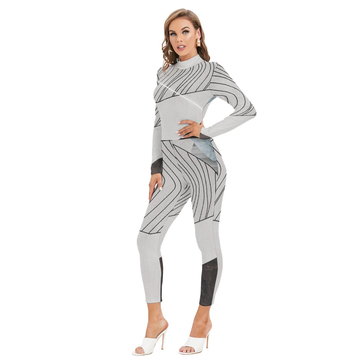 All-Over Print Women's Long-sleeved High-neck Jumpsuit With Zipper