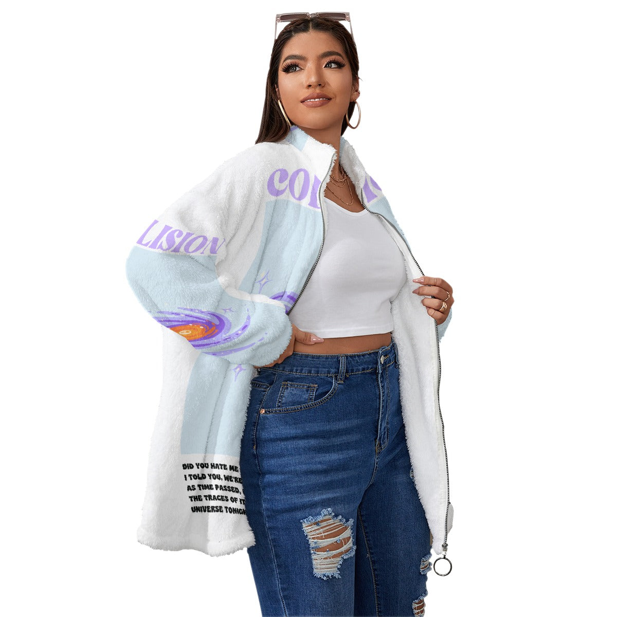 All-Over Print Unisex Borg Fleece Stand-up Collar Coat With Zipper Closure(Plus Size)