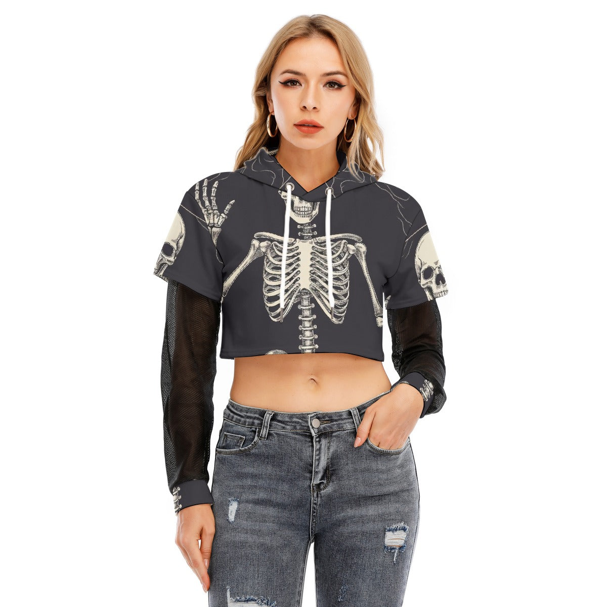 All-Over Print Women's Fake Two-piece Mesh Sleeve Cropped Hoodie