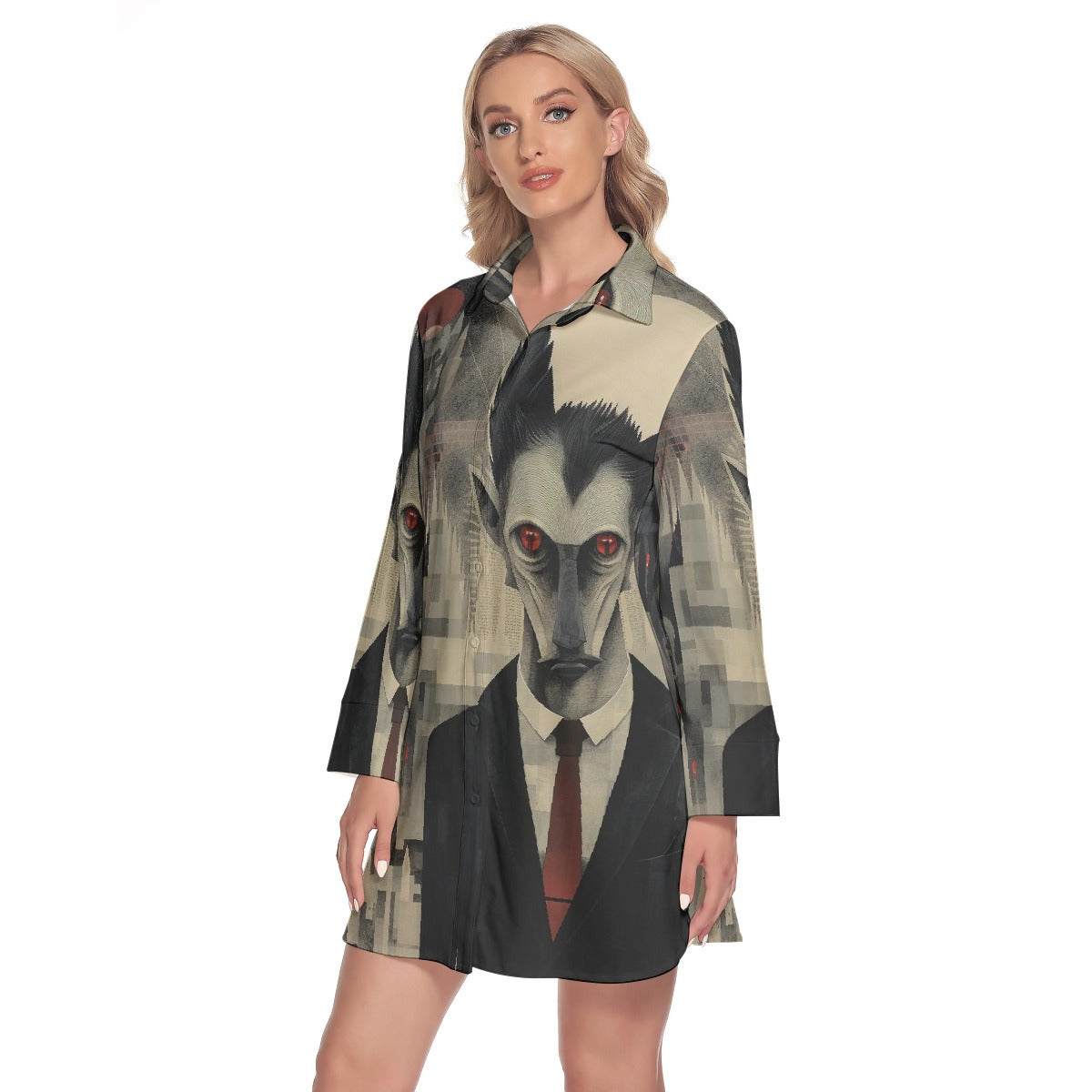 All-Over Print Women's Lapel Shirt Dress With Long Sleeve