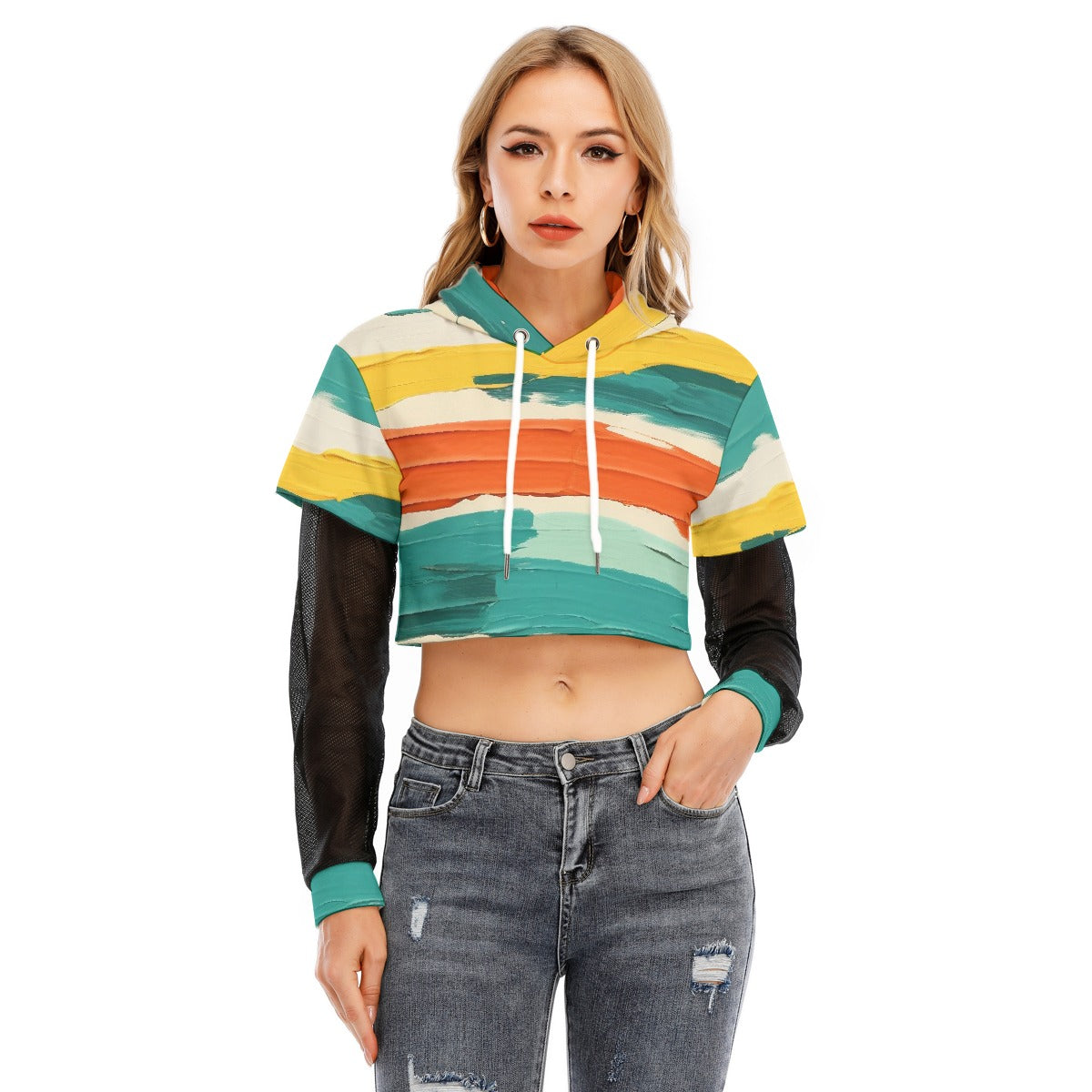 All-Over Print Women's Fake Two-piece Mesh Sleeve Cropped Hoodie