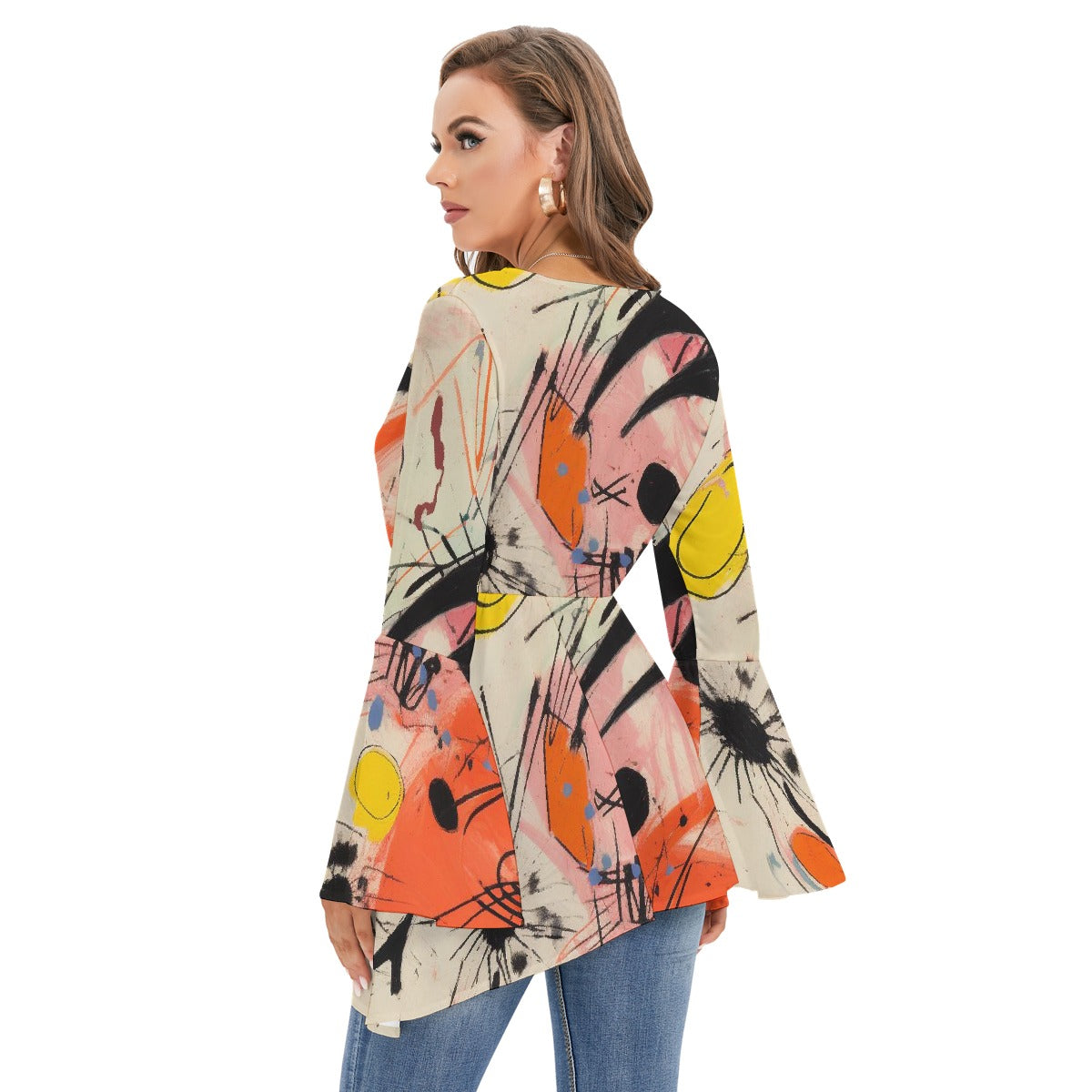 All-Over Print Women's V-neck Blouse With Flared Sleeves