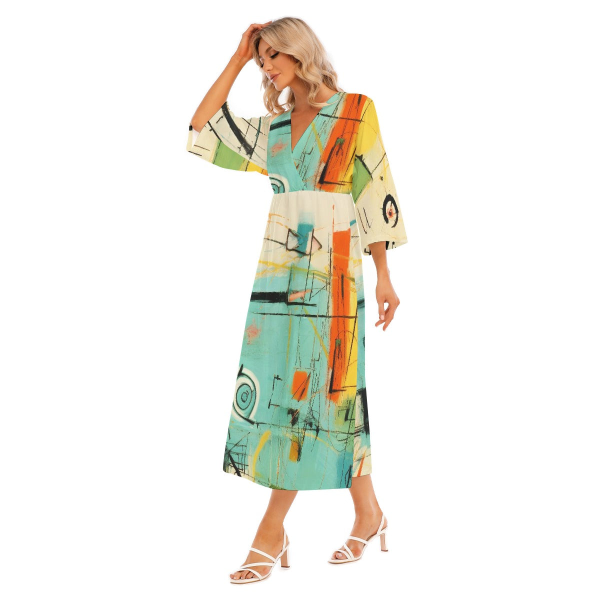 All-Over Print Women's Mid-Sleeve Long Dress