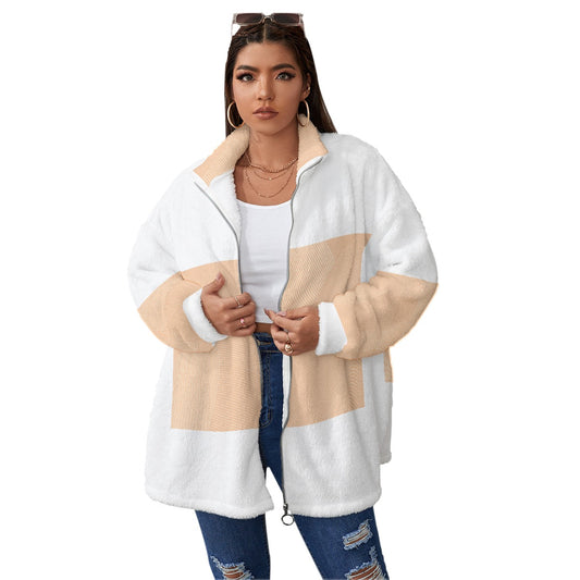 All-Over Print Unisex Borg Fleece Stand-up Collar Coat With Zipper Closure(Plus Size)