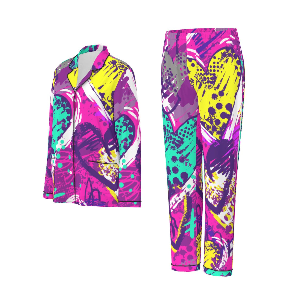 All-Over Print Women's Long Sleeve Pajama Set With Black Contrast Piping