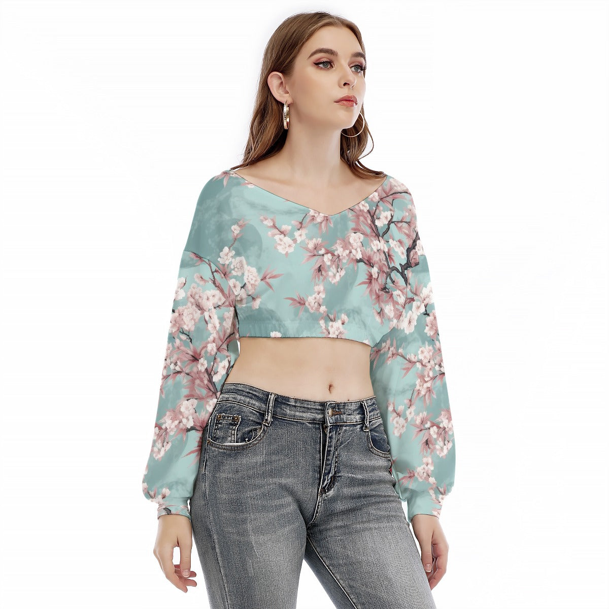 All-Over Print Women's V-neck Long Sleeve Cropped Sweatshirt