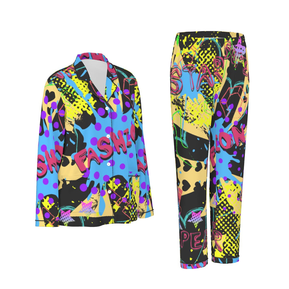 All-Over Print Women's Long Sleeve Pajama Set With Black Contrast Piping
