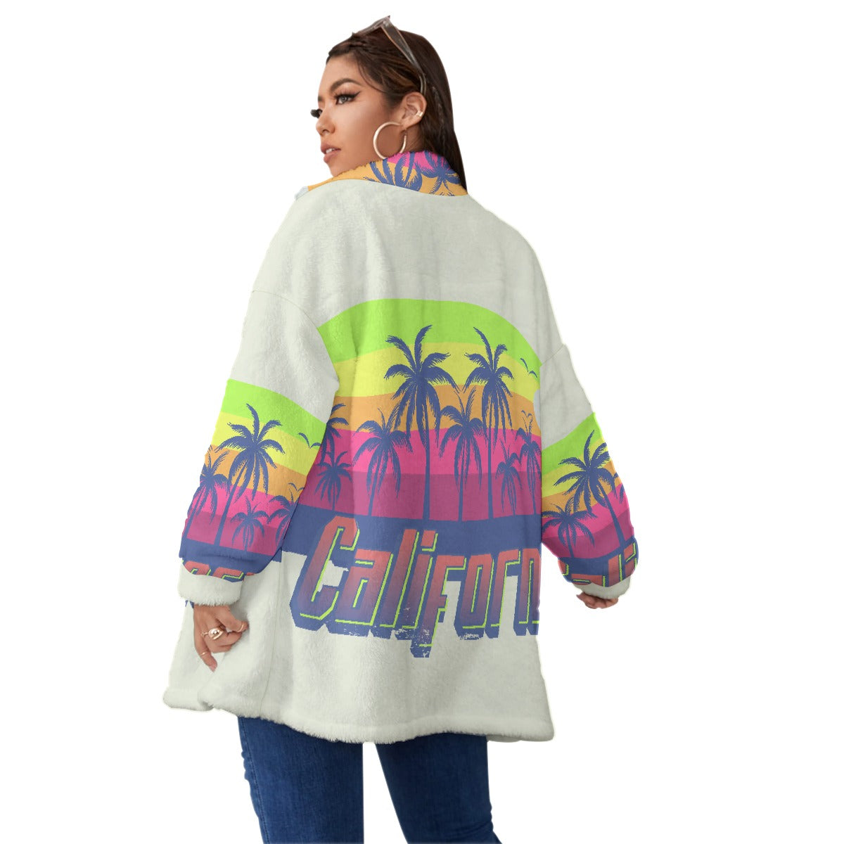 All-Over Print Unisex Borg Fleece Stand-up Collar Coat With Zipper Closure(Plus Size)