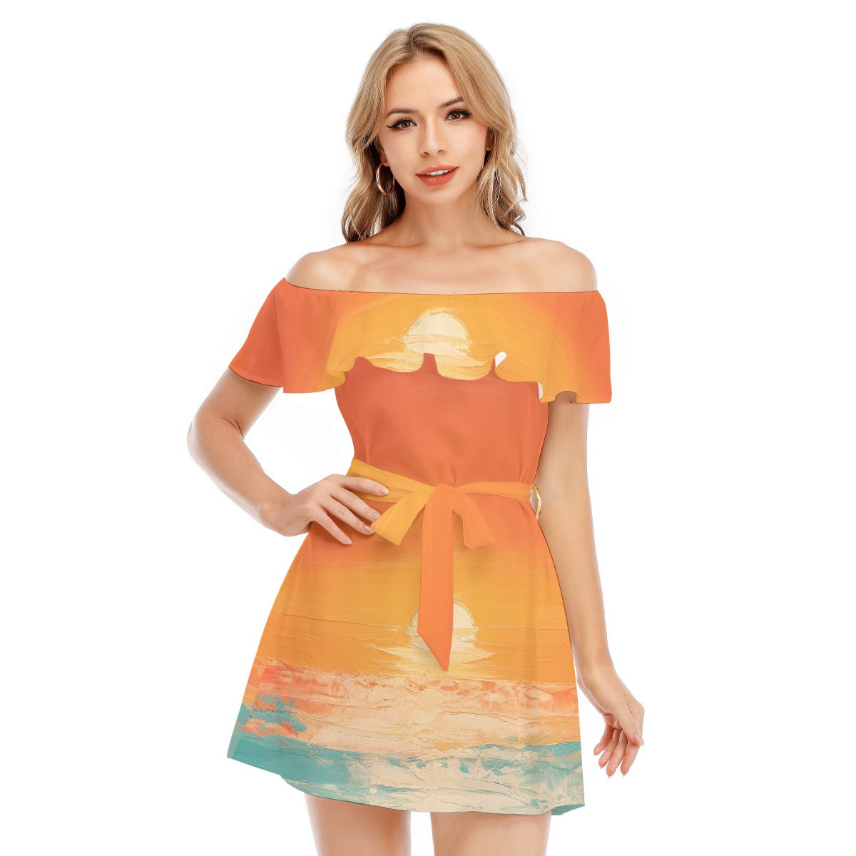 All-Over Print Women's Off-shoulder Dress With Ruffle