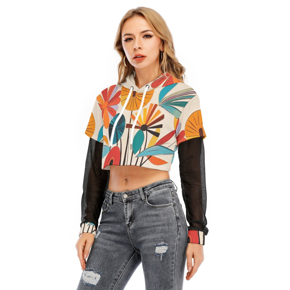 All-Over Print Women's Fake Two-piece Mesh Sleeve Cropped Hoodie