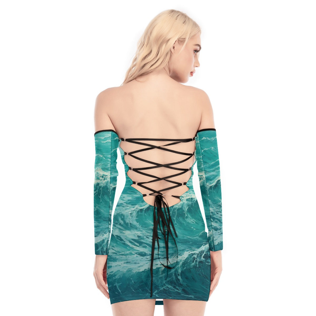 All-Over Print Women's Off-shoulder Back Lace-up Dress
