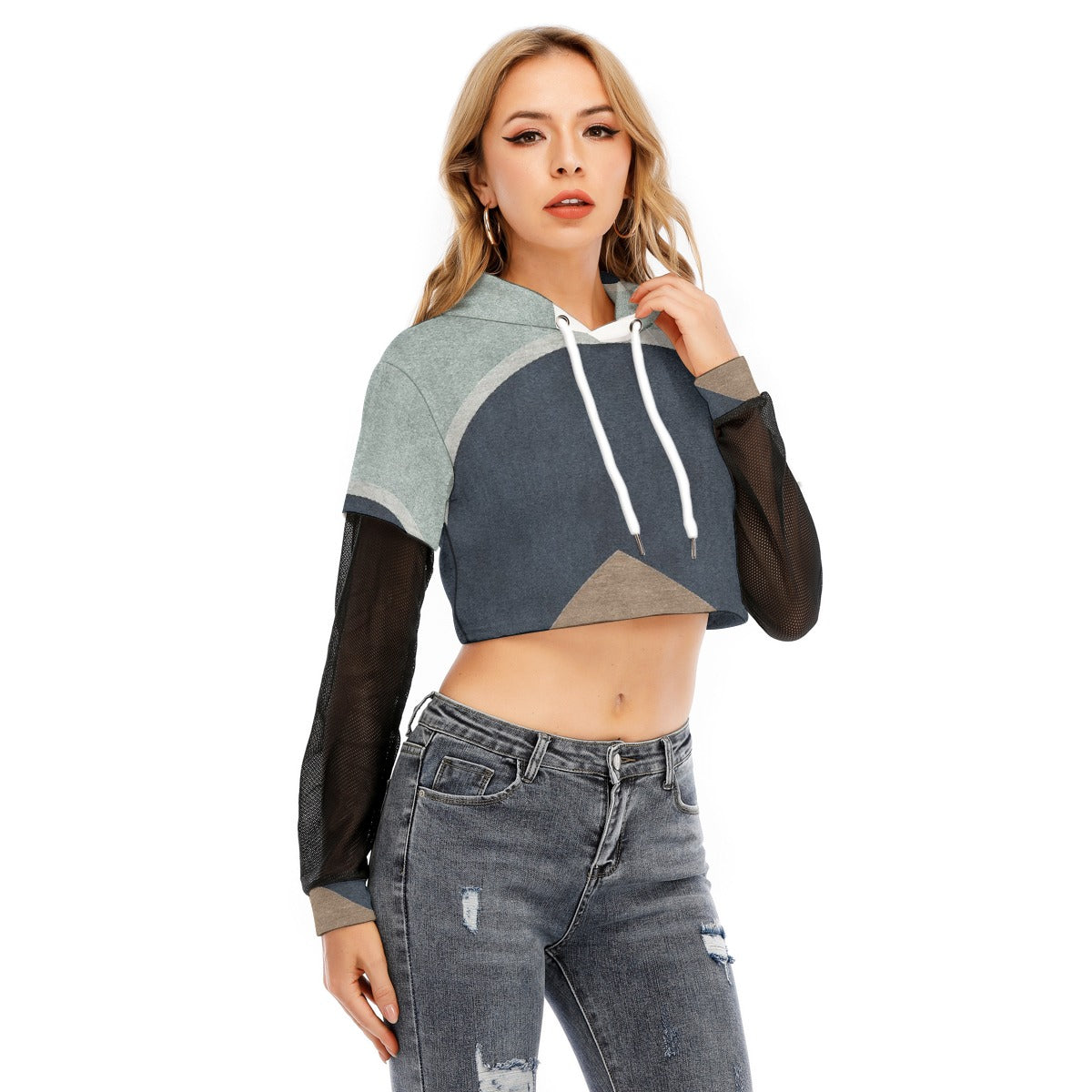 All-Over Print Women's Fake Two-piece Mesh Sleeve Cropped Hoodie