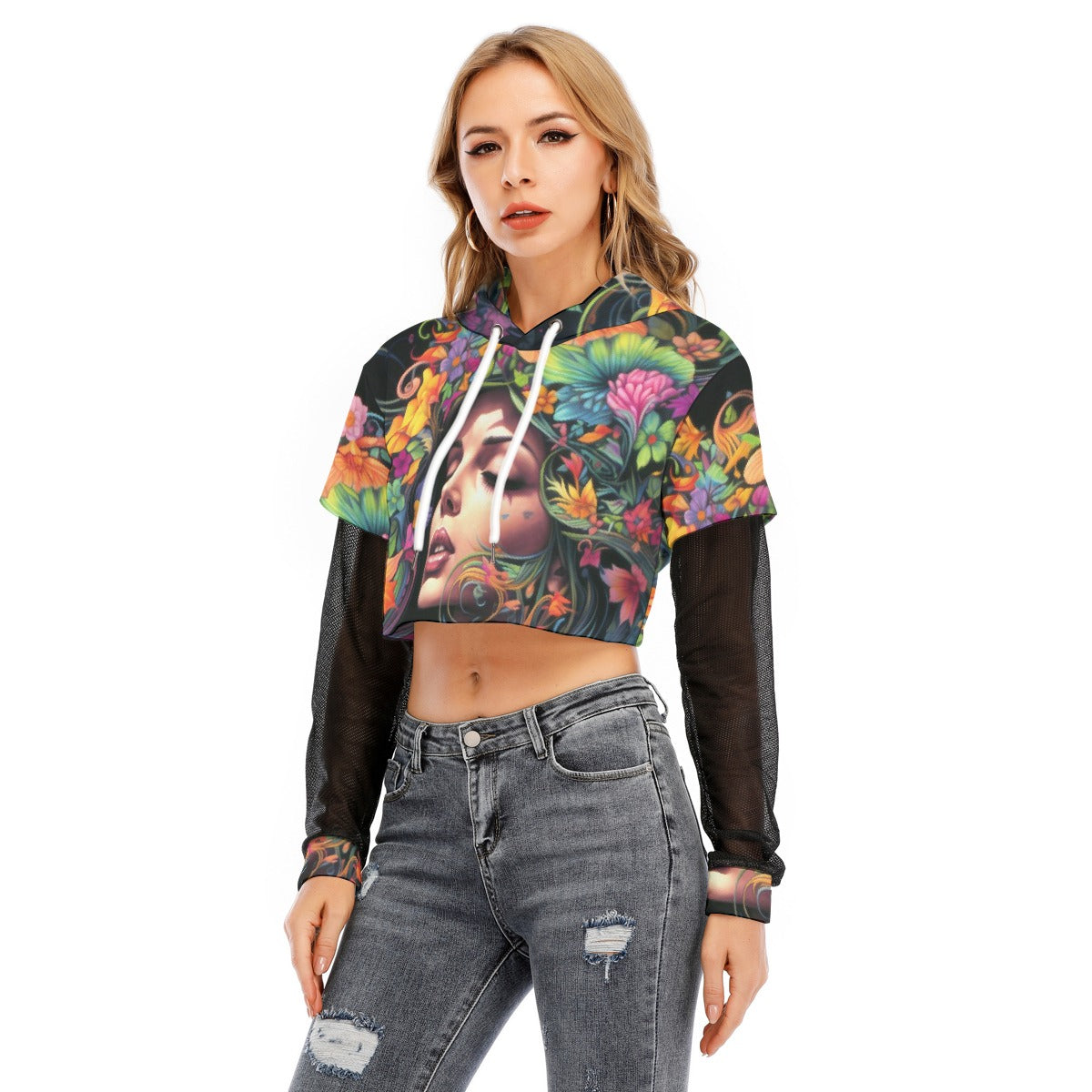 All-Over Print Women's Fake Two-piece Mesh Sleeve Cropped Hoodie