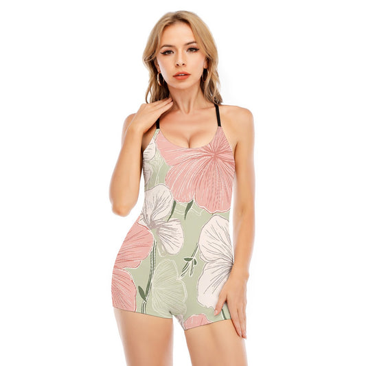 All-Over Print Women's Backless Romper With Black Straps