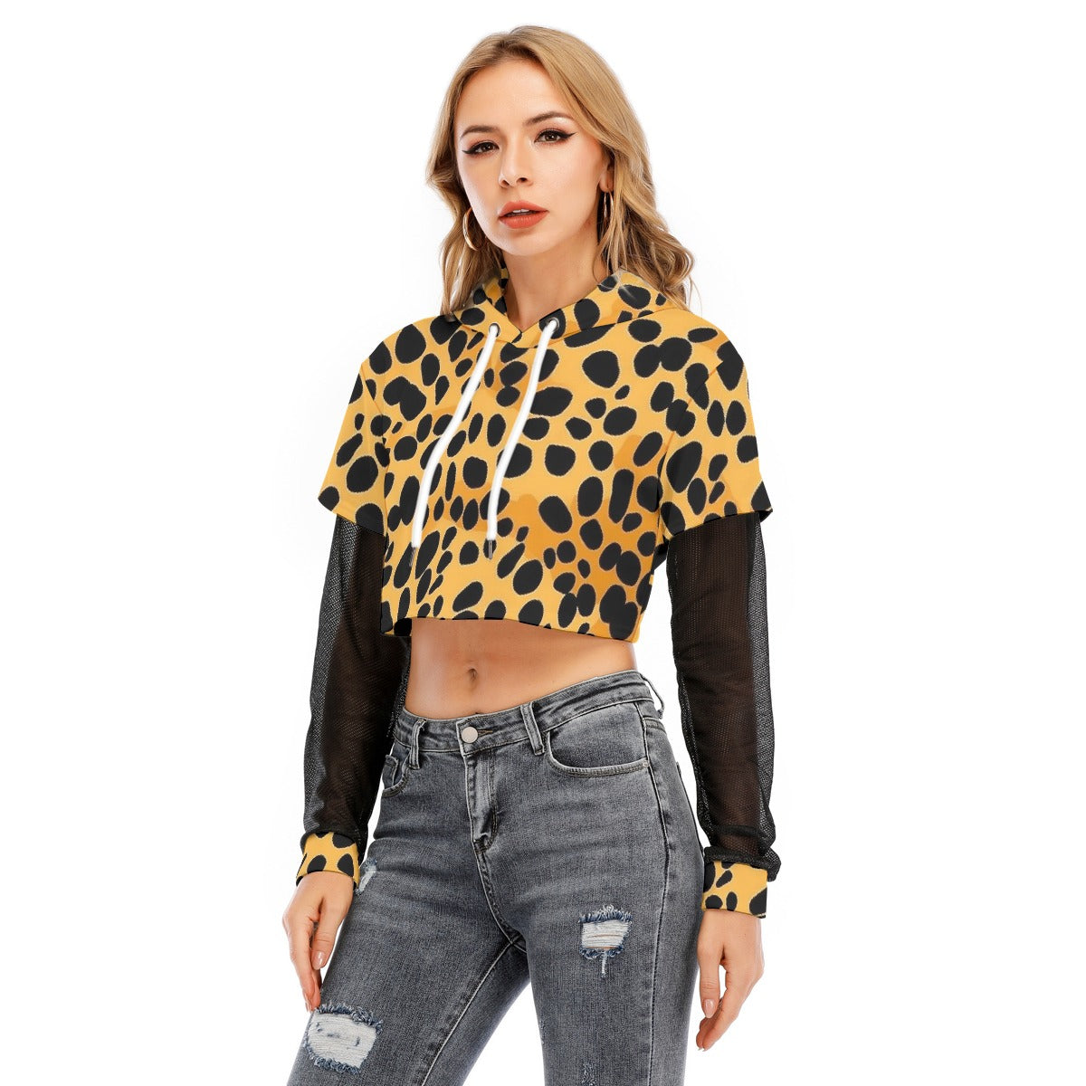All-Over Print Women's Fake Two-piece Mesh Sleeve Cropped Hoodie