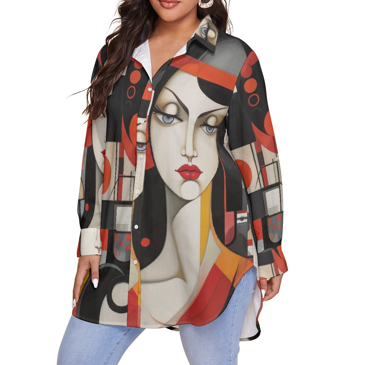 All-Over Print Women's Shirt With Long Sleeve(Plus Size)