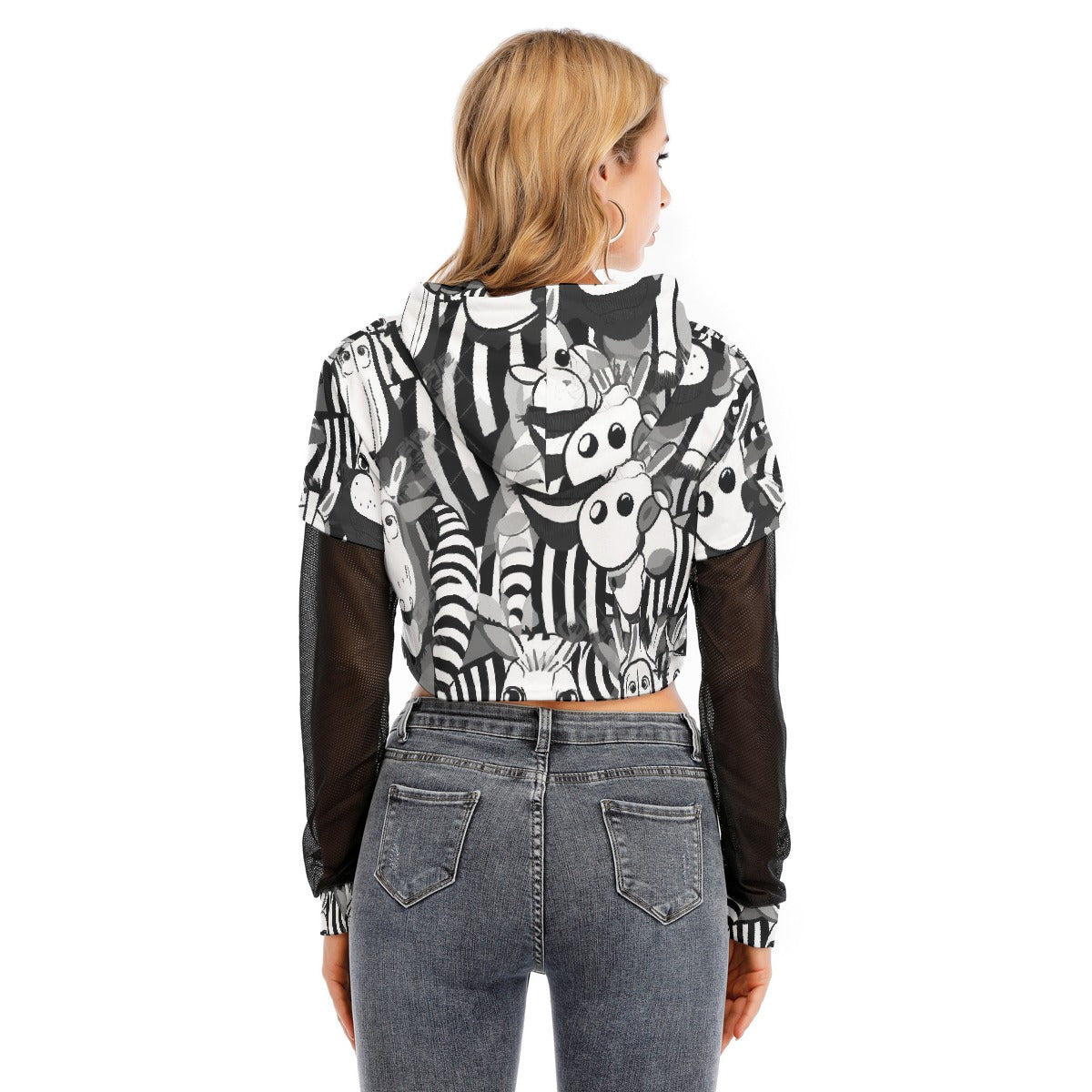 All-Over Print Women's Fake Two-piece Mesh Sleeve Cropped Hoodie