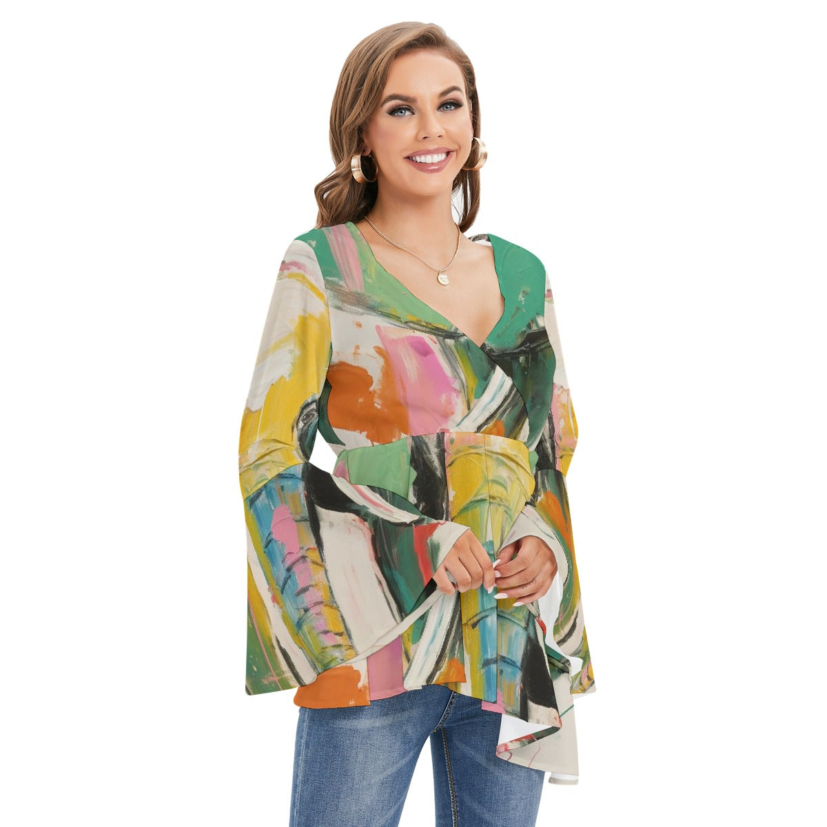 All-Over Print Women's V-neck Blouse With Flared Sleeves