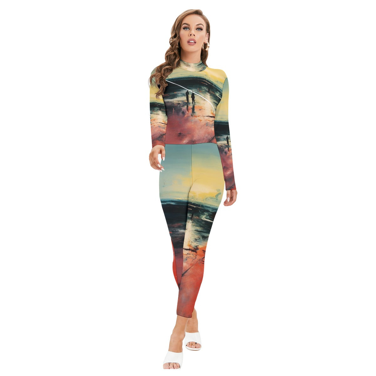 All-Over Print Women's Long-sleeved High-neck Jumpsuit With Zipper