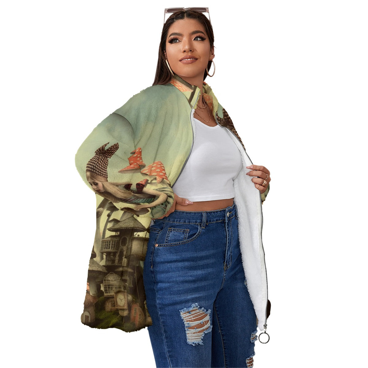 All-Over Print Unisex Borg Fleece Stand-up Collar Coat With Zipper Closure(Plus Size)